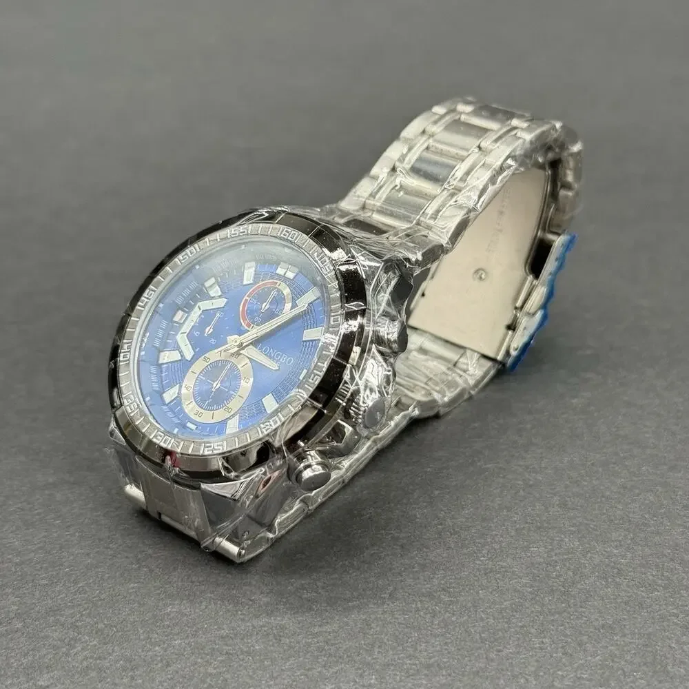Longbo 80135 Men's Quartz Chronograph 12-Hour Blue Dial Silver Steel Watch